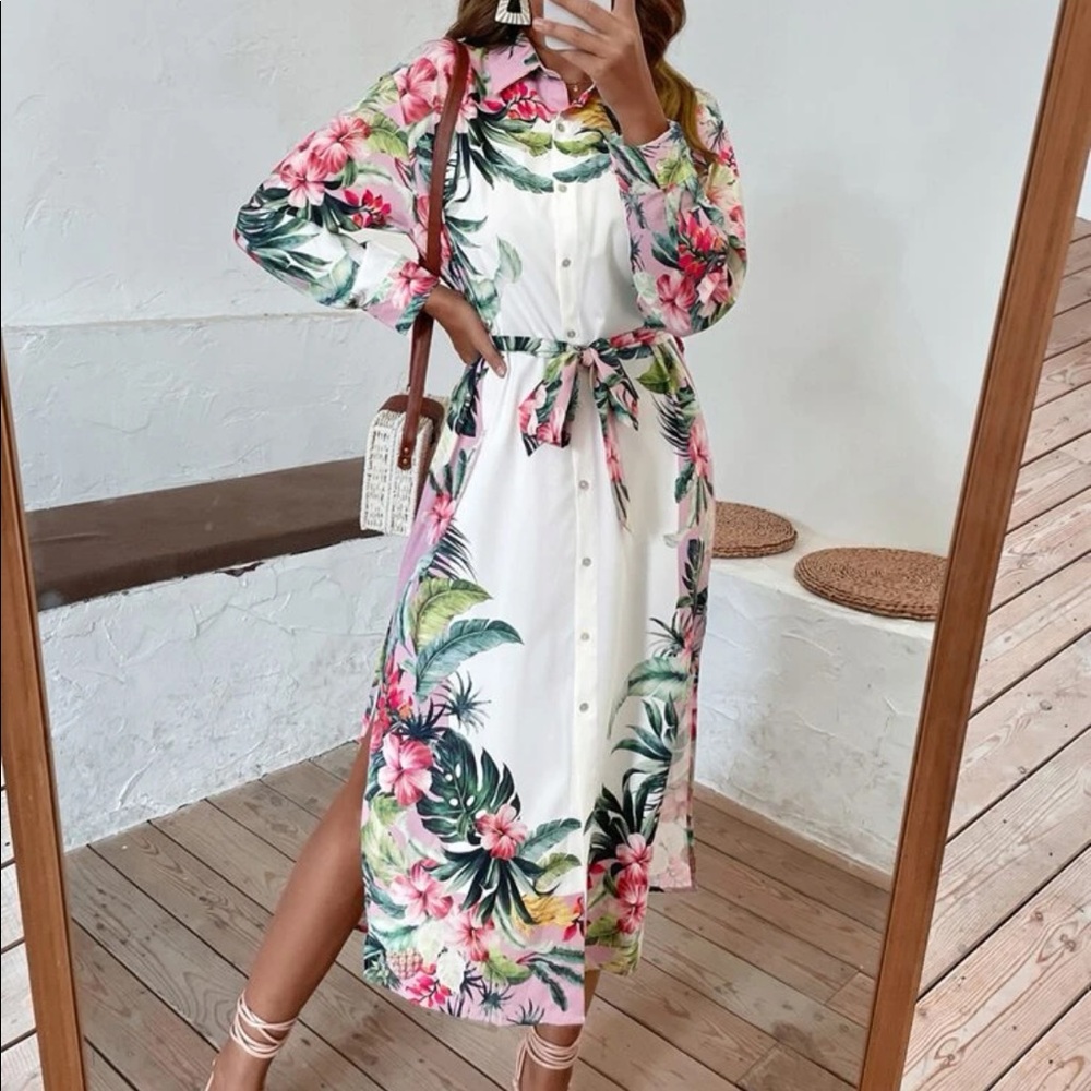 Floral print button front dress with belt